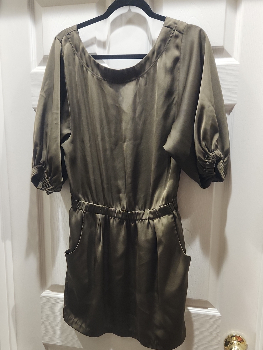 Michael Kors Olive Satin Short Dress with Puff Sleeves